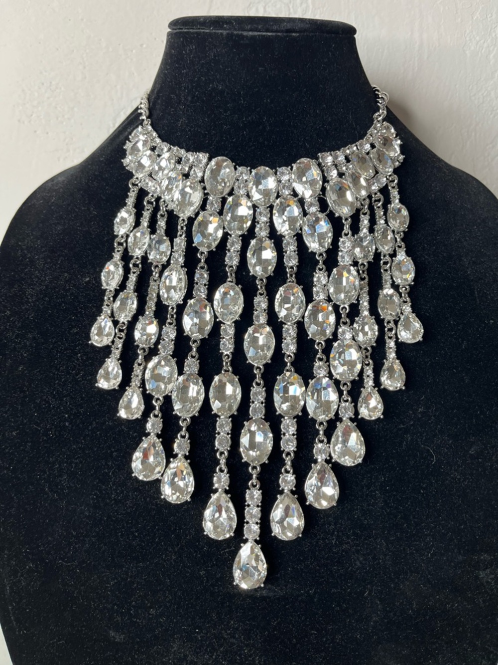 Rhinestone Fringe Statement Necklace - Silver Crystal